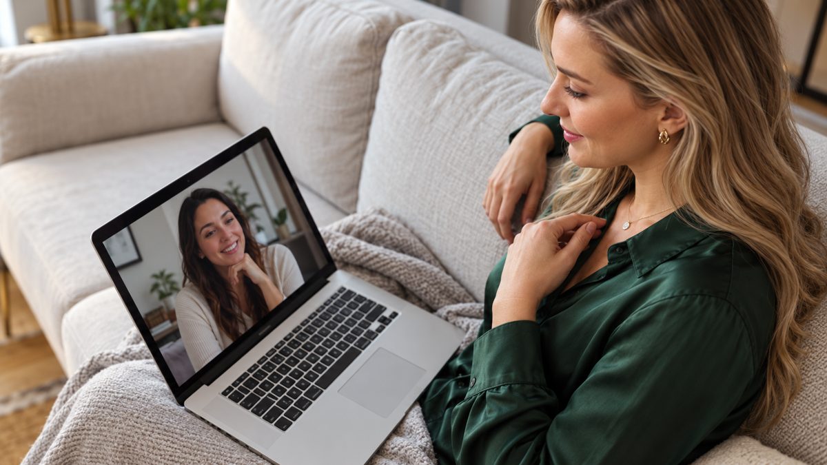 Mulher em consulta online pelo notebook, no sofá de casa